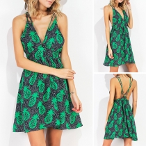 Sexy Backless V-neck Pineapple Printed Sling Dress