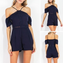 Sexy Off-shoulder Short Sleeve Lace Spliced Solid Color Romper