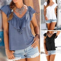 Fashion Sleeveless Ruffle V-neck Solid Color Top