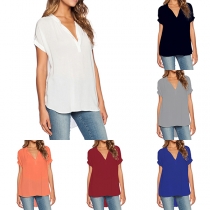Fashion Solid Color Short Sleeve V-neck High-low Hem Chiffon Blouse
