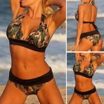 Army Style Camouflage Printed Lace-up Halter Bikini Set