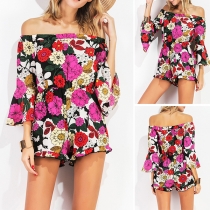 Sexy Off-shoulder Boat Neck 3/4 Trumpet Sleeve Printed Romper