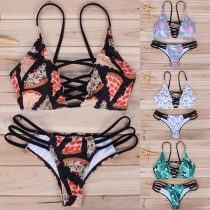 Sexy Printed Hollow Out Strappy Bikini Set