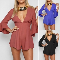 Sexy Deep V-neck 3/4 Trumpet Sleeve High Waist Solid Color Romper