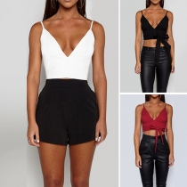 Sexy Backless Deep V-neck Lace-up Hem Solid Color Cami Top