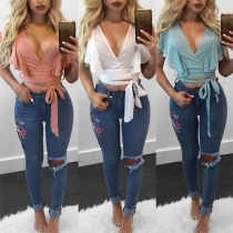 Sexy Deep V-neck Ruffle Lace-up Hem Solid Color Crop Top