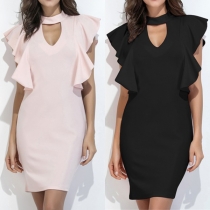 Elegant Solid Color Lotus Sleeve V-neck Slim Fit Party Dress