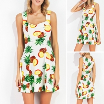Fashion Sleeveless Square Collar Pineapple Printed Dress