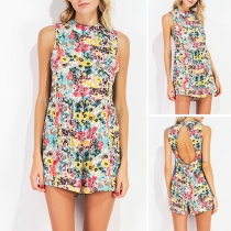 Sexy Backless Sleeveless Mock Neck Printed Romper