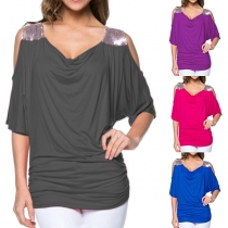 Sexy Off-shoulder Short Sleeve Sequin Spliced T-shirt