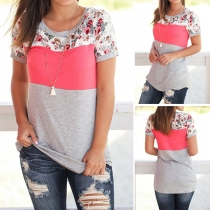 Fashion Contrast Color Printed Spliced Short Sleeve Round Neck T-shirt