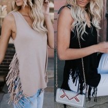 Chic Style Sleeveless V-neck Tassel Hem Solid Color Top