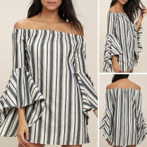 Sexy Off-shoulder Boat Neck Trumpet Sleeve Striped Dress