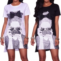 Fashion Short Sleeve Round Neck Slim Fit Printed Dress