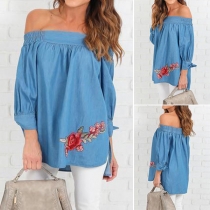 Sexy Off-shoulder Boat Neck Long Sleeve Embroidered Denim Blouse
