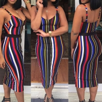 Sexy Backless V-neck Slim Fit Colorful Striped Dress