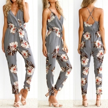 Sexy Backless V-neck High Waist Printed Sling Jumpsuit