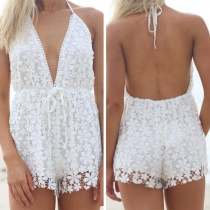 Sexy Backless Deep V-neck Hollow Out Lace Halter Romper