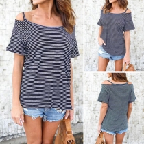 Fashion Off-shoulder Short Sleeve Striped T-shirt