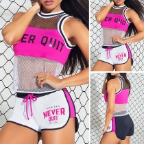 Sexy Hollow Out Mesh Spliced Letters Printed Sports Suit