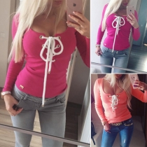 Fashion Solid Color Long Sleeve Lace-up T-shirt