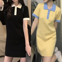 Fashion Contrast Color Short Sleeve POLO Collar Slim Fit Dress