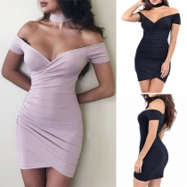 Sexy Off-shoulder Short Sleeve Irregular Hem Solid Color Slim Fit Party Dress