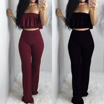 Sexy Solid Color Strapless Crop Top + High Waist Pants Two-piece Set