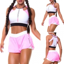 Fashion Contrast Color Sleeveless Crop Top + Shorts Sports Suit