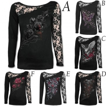 Fashion Lace Spliced Long Sleeve Round Neck Printed T-shirt