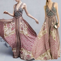Bohemian Style Backless Deep V-neck Sleeveless Printed Maxi Dress