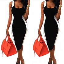 Fashion Contrast Color Sleeveless Round Neck Slim Fit Pencil Dress