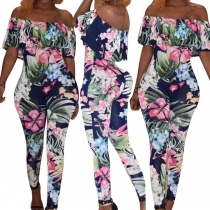 Sexy Off-shoulder Boat Neck High Waist Slim Fit Printed Jumpsuit