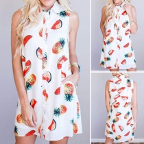 Fashion Fruits Printed Sleeveless POLO Collar Shirt Dress