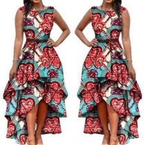 Elegant Style Sleeveless Round Neck High-low Hem Printed Party Dress