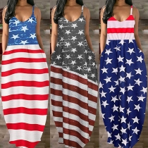 Fashion American Flag Printed Sleeveless Round Neck Maxi Dress