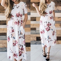 Fashion Short Sleeve Round Neck Printed Maxi Dress