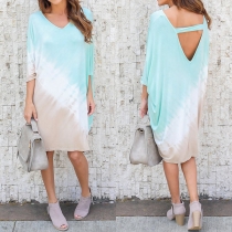 Sexy Backless V-neck Half Sleeve Color Gradient Loose Dress