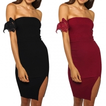 Sexy Strapless Slit Hem Solid Color Slim Fit Party Dress