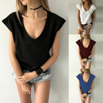 Fashion Solid Color Short Sleeve V-neck Casual T-shirt