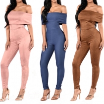 Sexy Off-shoulder Boat Neck High Waist Slim Fit Solid Color Jumpsuit