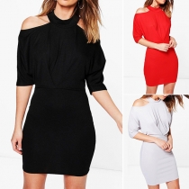 Sexy Off-shoulder Half Sleeve Solid Color Slim Fit Dress