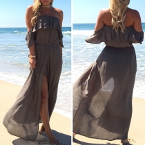 Sexy Off-shoulder Slit Hem Solid Color Ruffle Dress