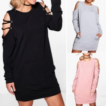Sexy Off-shoulder Long Sleeve Round Neck Solid Color Dress