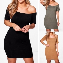 Sexy Off-shoulder Short Sleeve Solid Color Bodycon Dress