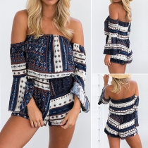 Sexy Off-shoulder Trumpet Sleeve Printed Romper