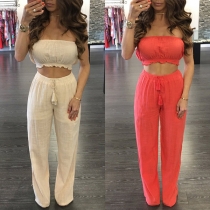 Sexy Solid Color Bandeau Top + High Waist Pants Two-piece Set