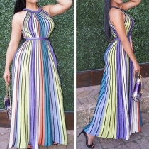 Elegant Style Sleeveless Round Neck Colorful Striped Maxi Dress