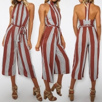 Sexy Backless High Waist Striped Halter Jumpsuit