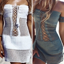 Sexy Off-shoulder Solid Color Hollow Out Knit Smock Dress